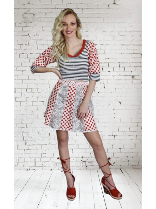 jupe à panneaux pois et imprimé toile de jouy